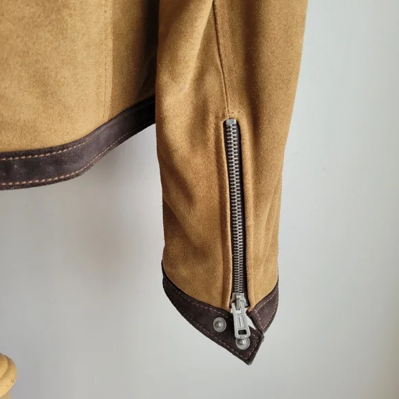 Vintage 90s MISS SIXTY Racer Moto Aviatior Suede Tan Jacket Brown Stripes M/L - Picture 9 of 15